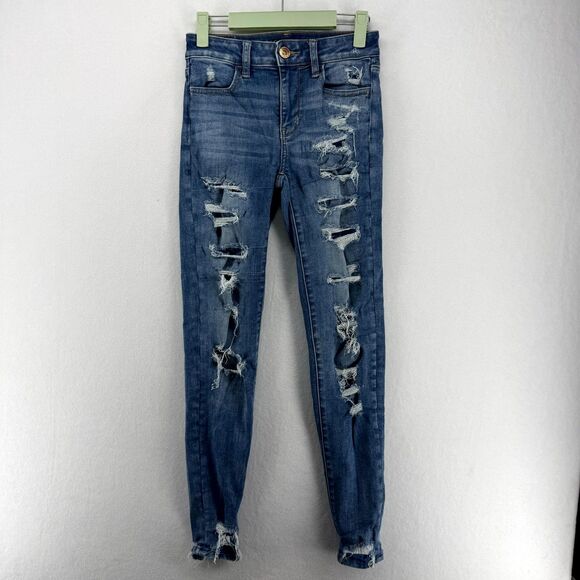 American‎ Eagle Ne(x)t Level Stretch Hi-Rise Jegging Ripped Jeans Denim Size 0 - Picture 1 of 11